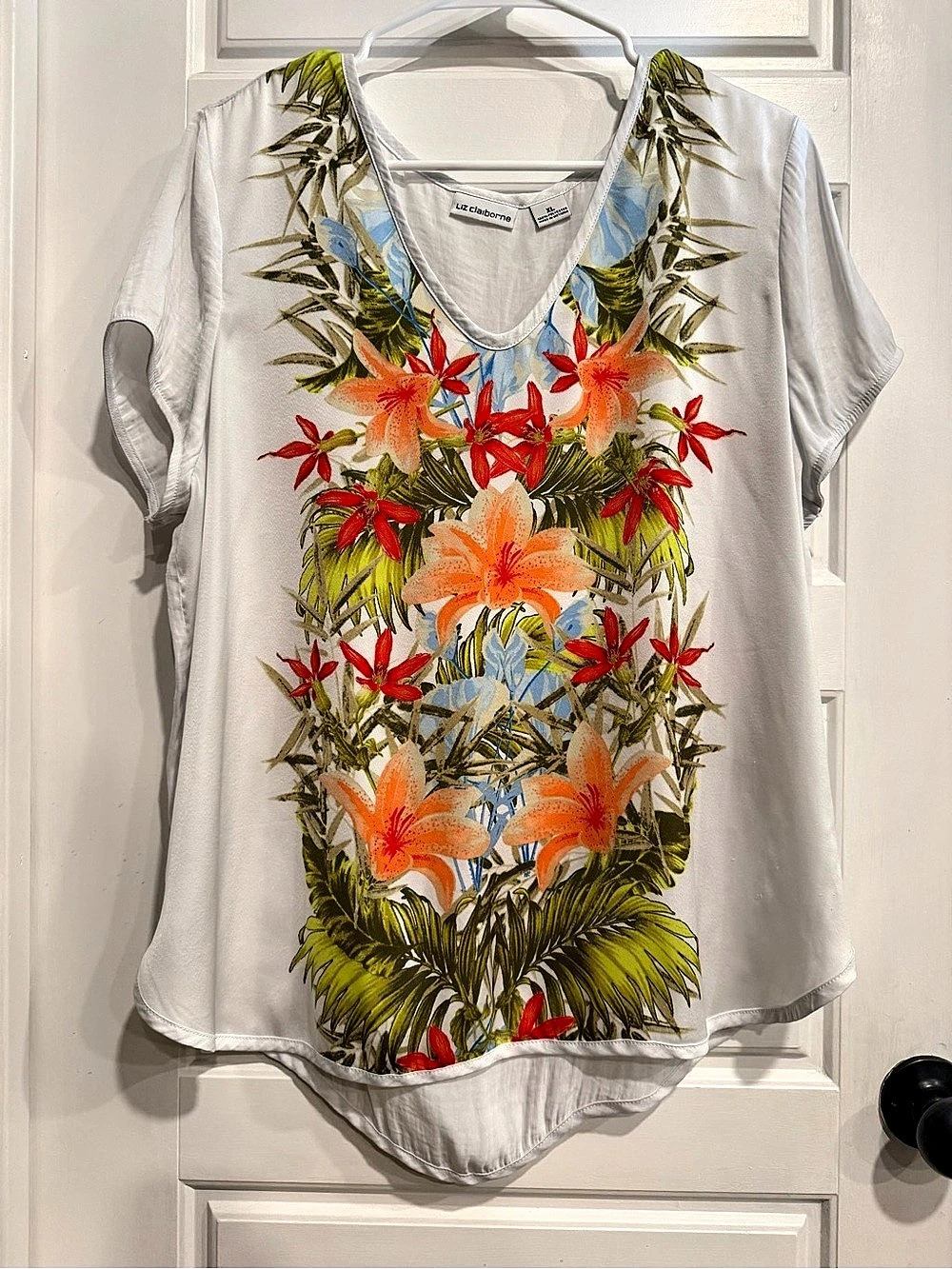 Liz Claiborne Floral Short Sleeve Top in White & Orange Size Large